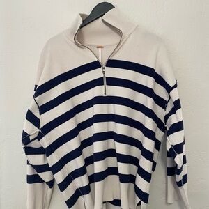 Free People Blue and Cream Zip Up Sweater with High Collar